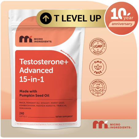 Micro Ingredients Testosterone+ Advanced for Men & Women, 240 Softgels | 15-in-1 Complex with Tongkat Ali, Horny Goat Weed, Shilajit, Maca & Saw Palmetto | Non-GMO